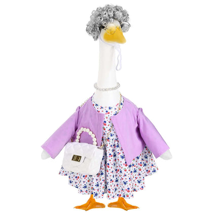 JcHrmers old lady goose outfit with floral dress enhances porch decor and charm