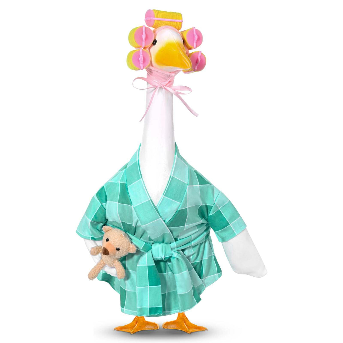 JcHrmers old lady goose outfit on porch goose in spa attire enhances yard decor
