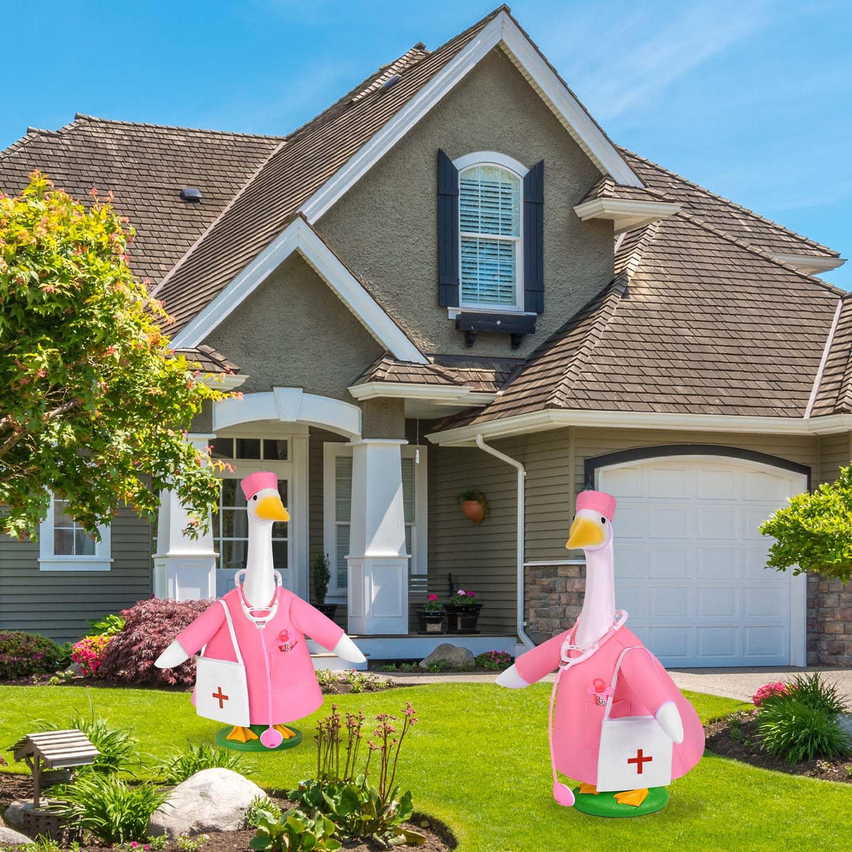 JcHrmers outdoor lawn display with doctor goose for cheerful healthcare vibe