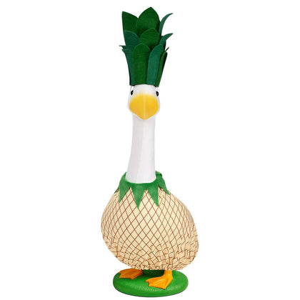 JcHrmers pineapple hat on goose statue boosts tropical porch charm