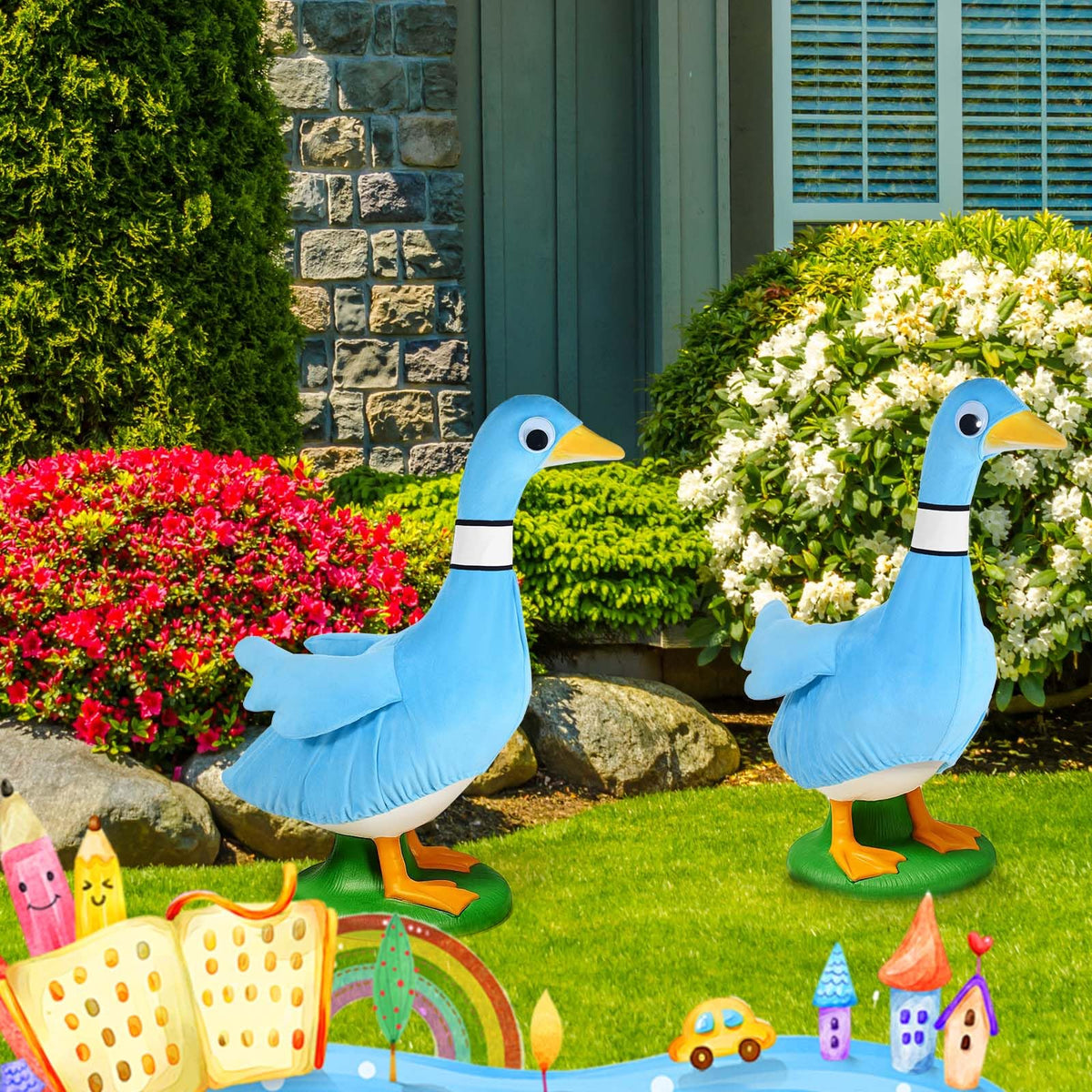 JcHrmers porch goose costume stays secure and easy to wear on 23-inch statue.