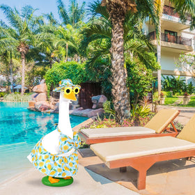 Porch goose outfit enhances outdoor garden scenes with cheerful summer style