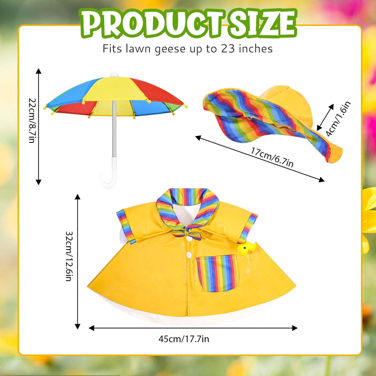 JcHrmers goose outfit rainbow hat highlights colorful garden decor