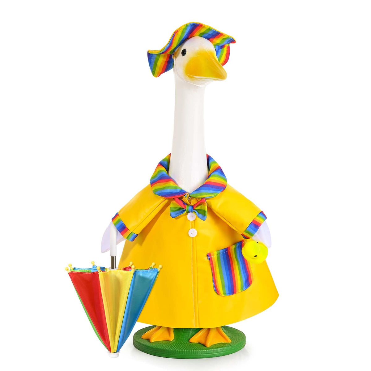 JcHrmers raincoat goose outfit on porch adds playful spring charm to your lawn