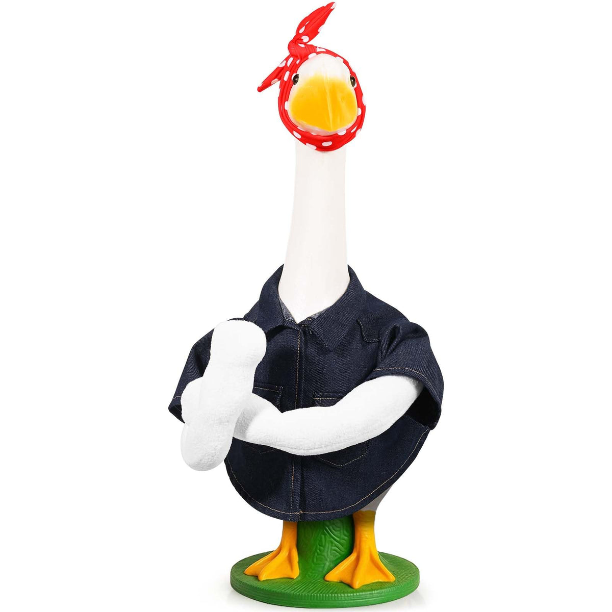 JcHrmers Riveter Goose Outfit on a 23-inch statue boosts porch curb appeal.