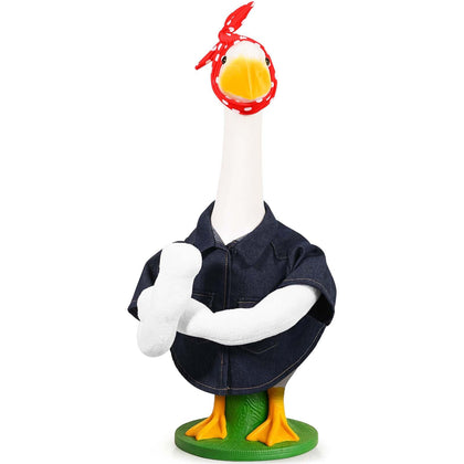 JcHrmers Riveter Goose Outfit on a 23-inch statue boosts porch curb appeal.