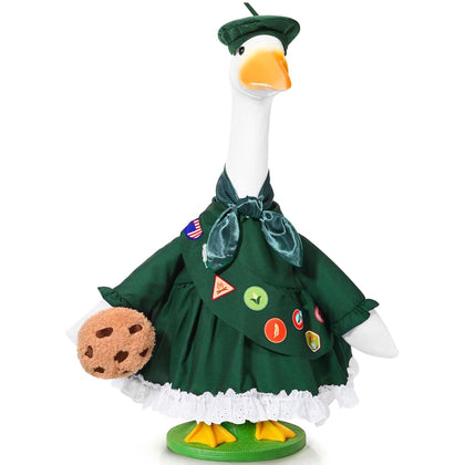 JcHrmers Scout porch goose outfit with green beret enhances outdoor holiday decor