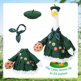 JcHrmers goose outfit with green cross bow-tie adorns lawn statue