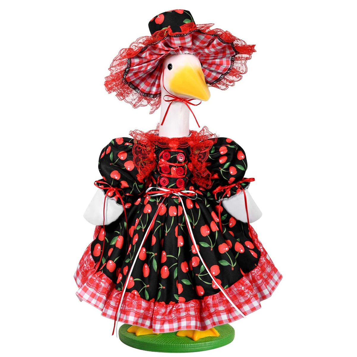 JcHrmers Cherry Spring Porch Goose Outfit enhances outdoor charm for garden statues.