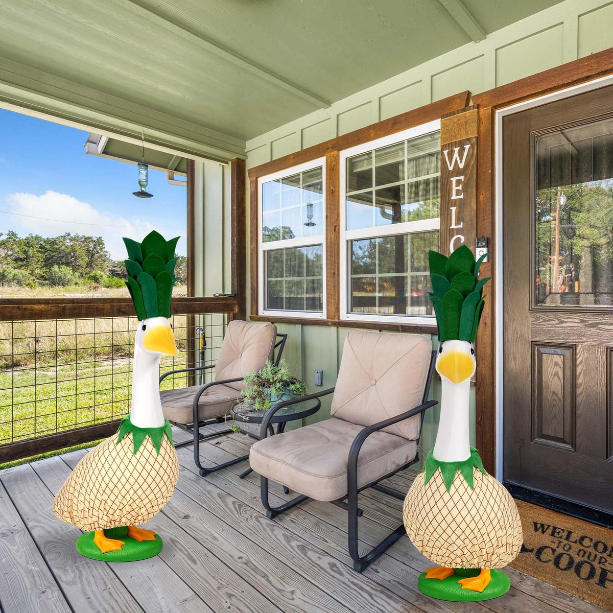 JcHrmers easy-change pineapple goose outfit on statue for seasonal styling