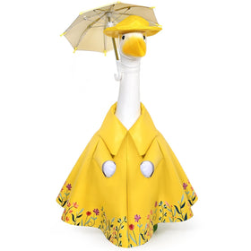 JcHrmers summer goose raincoat with hat and umbrella, ideal for outdoor lawn decor.