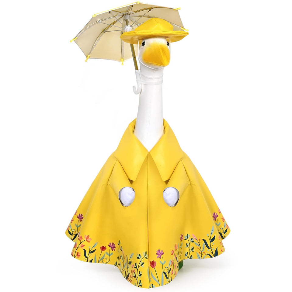 JcHrmers summer goose raincoat with hat and umbrella, ideal for outdoor lawn decor.