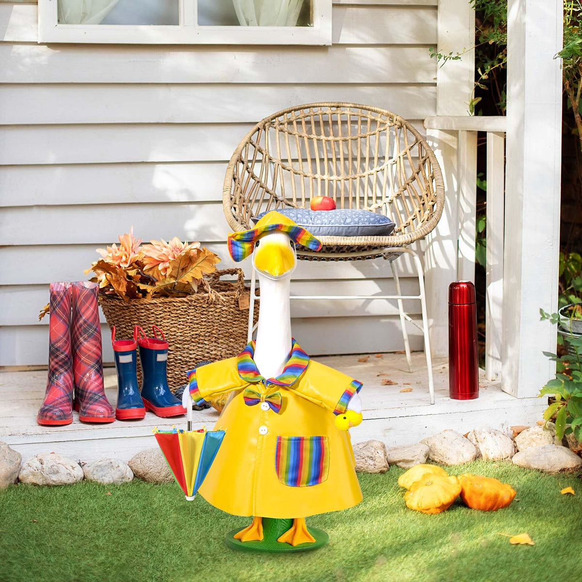 JcHrmers yard display featuring goose outfit enhances outdoor charm