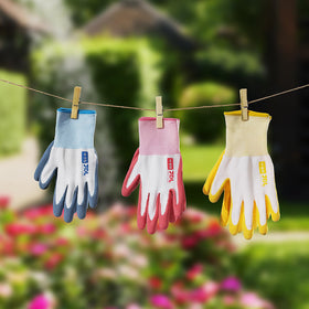 JDL gardening gloves in bright colors to brighten yard tasks.