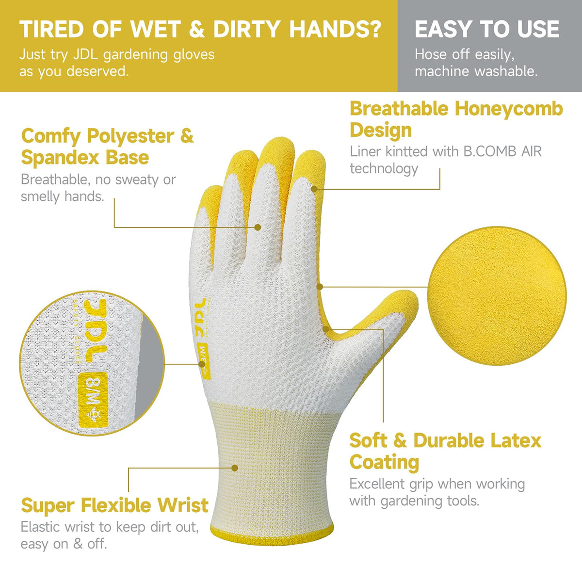 JDL gardening gloves with latex palm coating for a secure grip on tools.