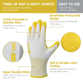 JDL gardening gloves with latex palm coating for a secure grip on tools.