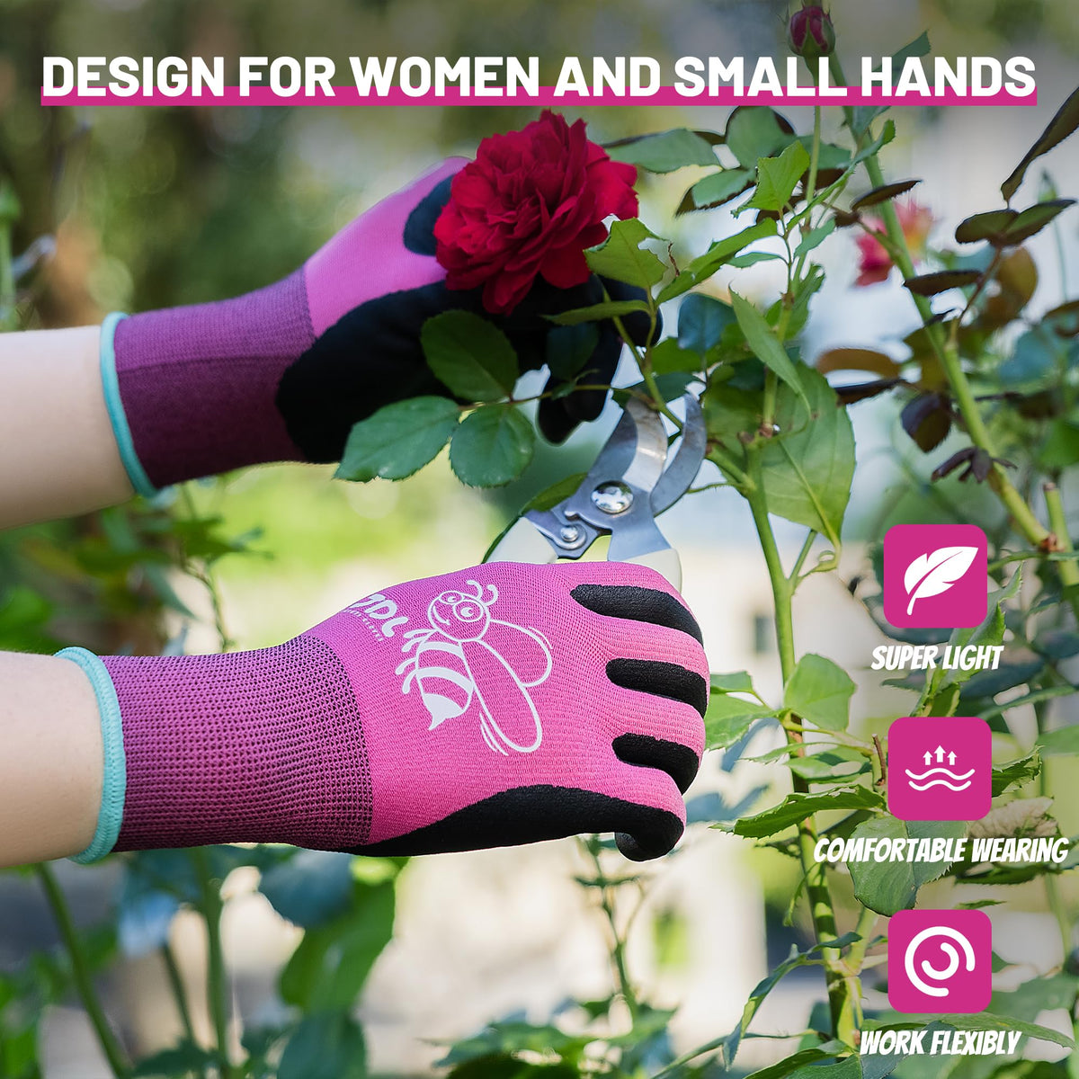 JDL rose-pink-design gloves add style and comfort in the garden