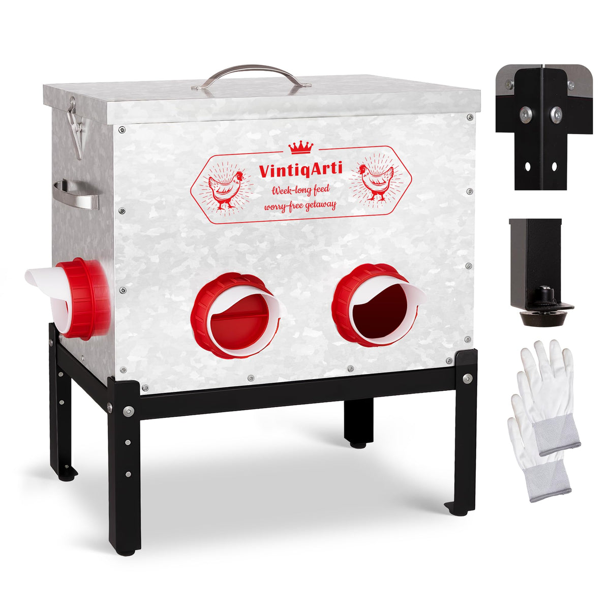 Jdooqee 40Lb feeder top view with easy refill lid and sturdy metal body.