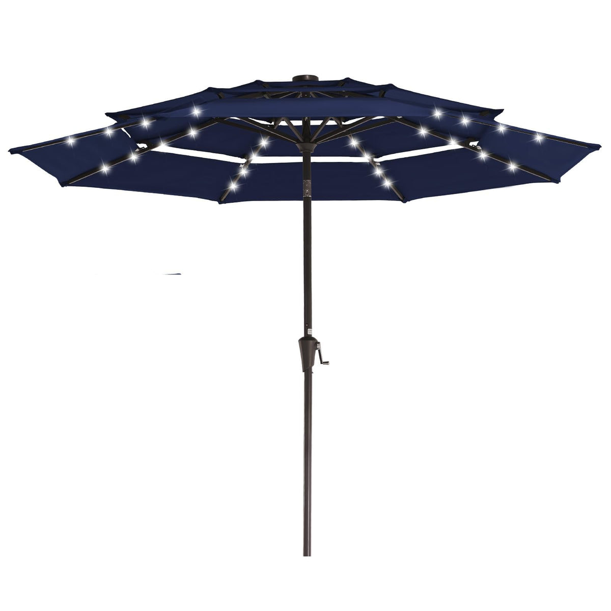 JEAREY 3-tier umbrella with solar panel on top provides shade and eco lighting.