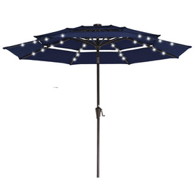 JEAREY 3-tier umbrella with solar panel on top provides shade and eco lighting.