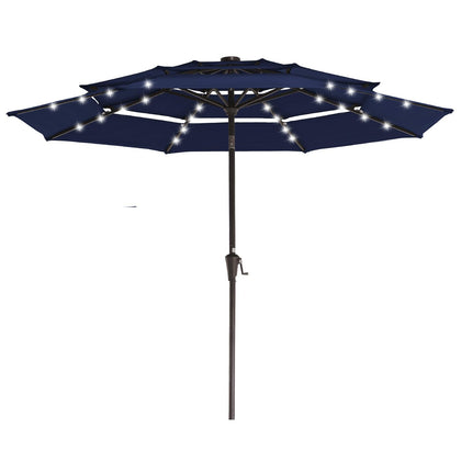 JEAREY 3-tier umbrella with solar panel on top provides shade and eco lighting.
