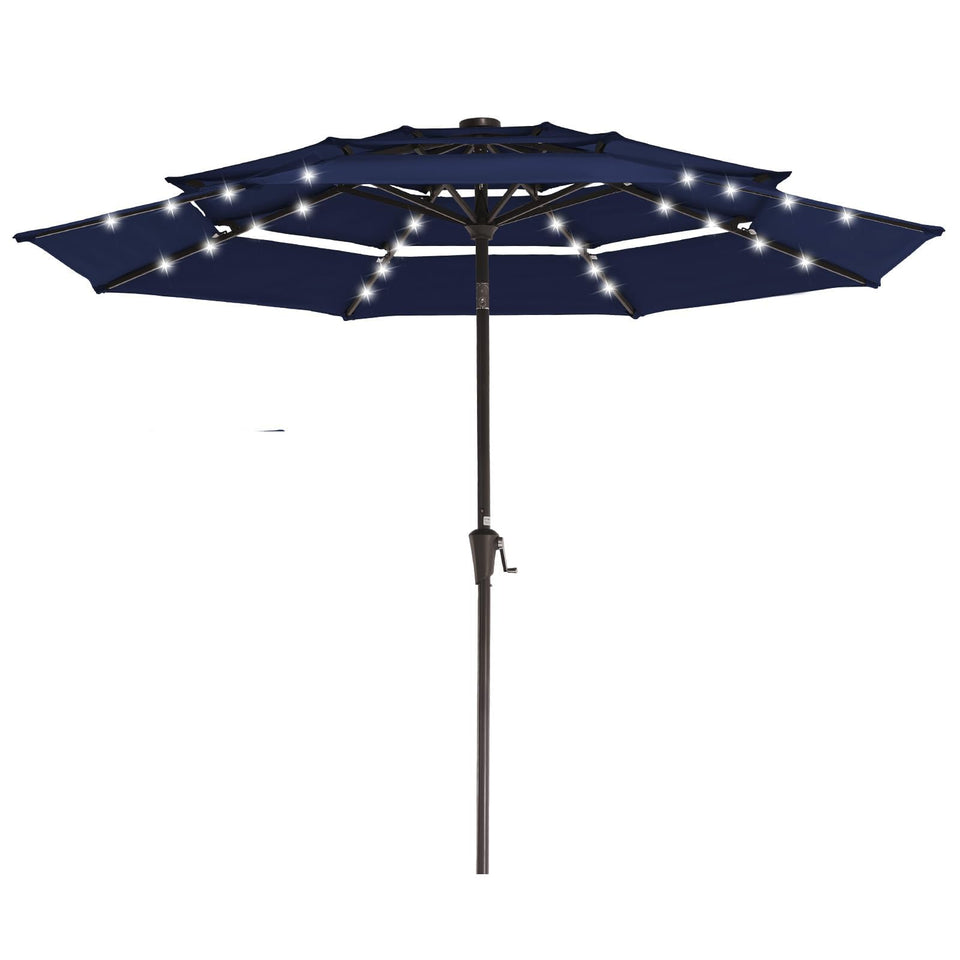 JEAREY 3-tier umbrella with solar panel on top provides shade and eco lighting.