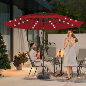 JEAREY red umbrella with crank tilt shown for easy sun positioning.