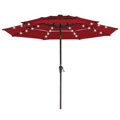JEAREY 3-Tier Patio Umbrella in red, top view, broad shade for outdoor seating.
