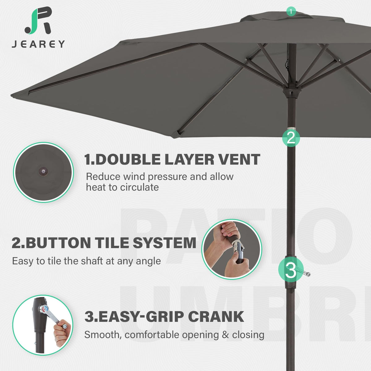 JEAREY 7.5ft umbrella provides ample shade for tables.