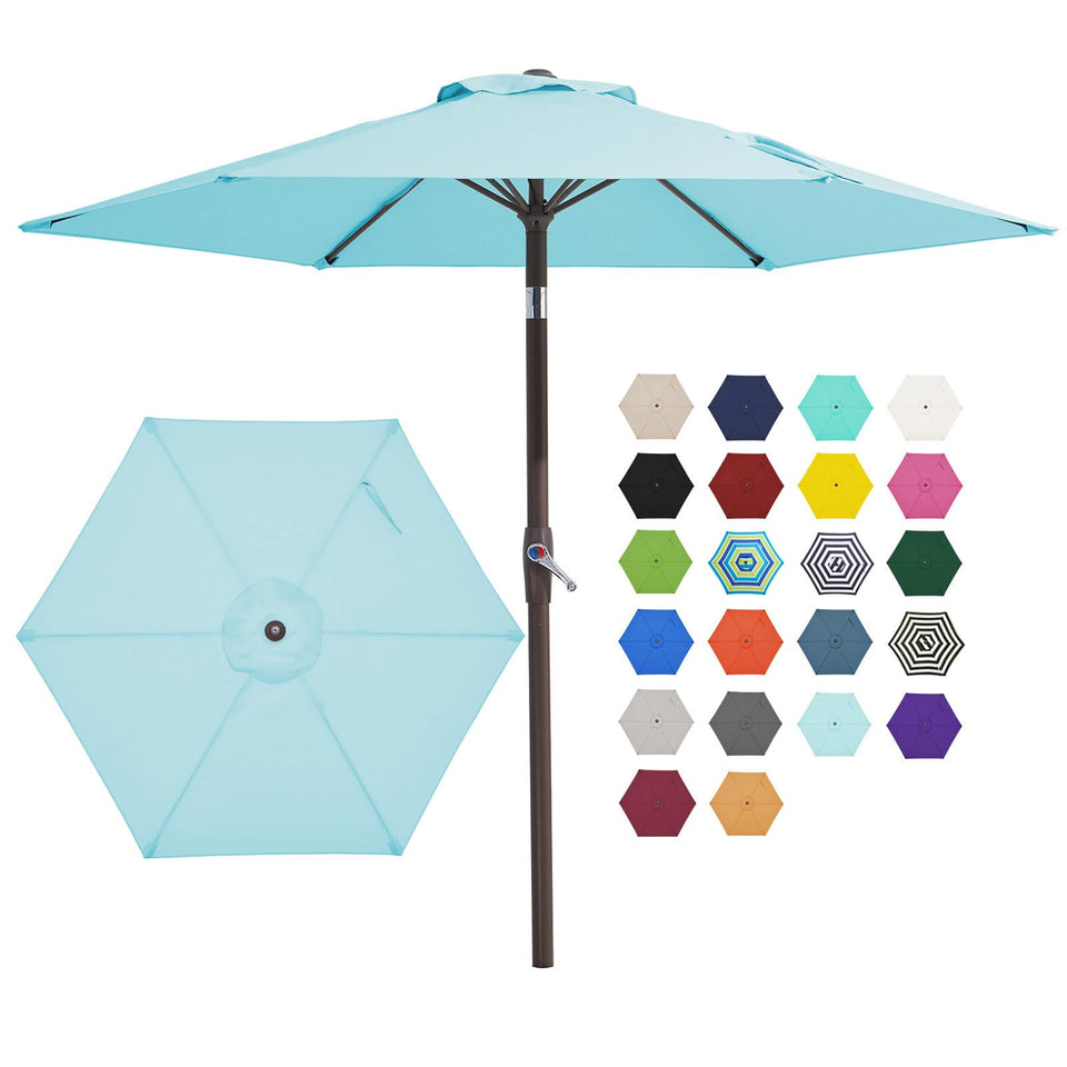 JEAREY 7.5 ft patio umbrella with 6 ribs provides durable shade for outdoor dining.