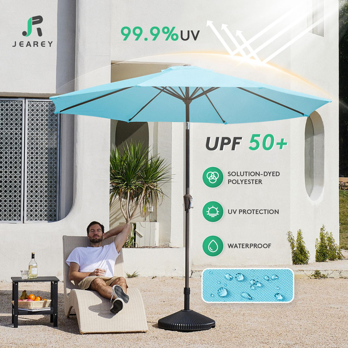 JEAREY 8-rib iron frame enhances stability in windy spaces.