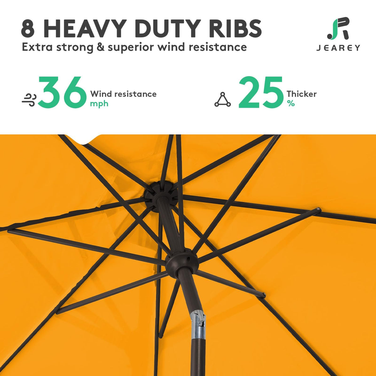 JEAREY 8-rib iron frame delivers sturdy support against breezes.