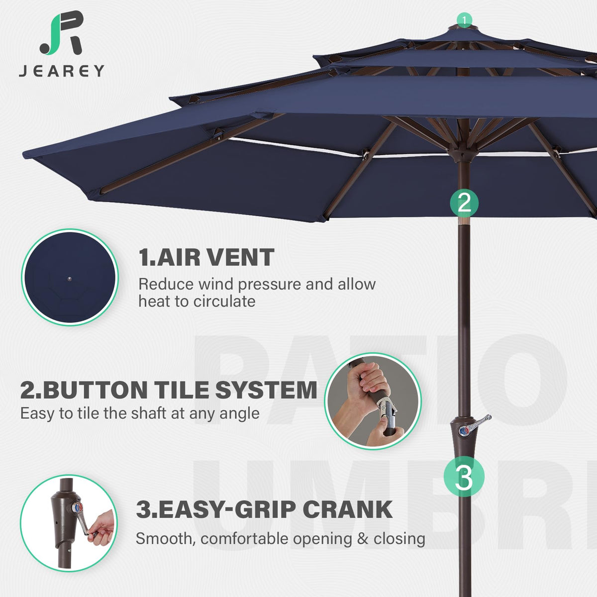 JEAREY 9ft three-tier umbrella with eight ribs offers sturdy support.
