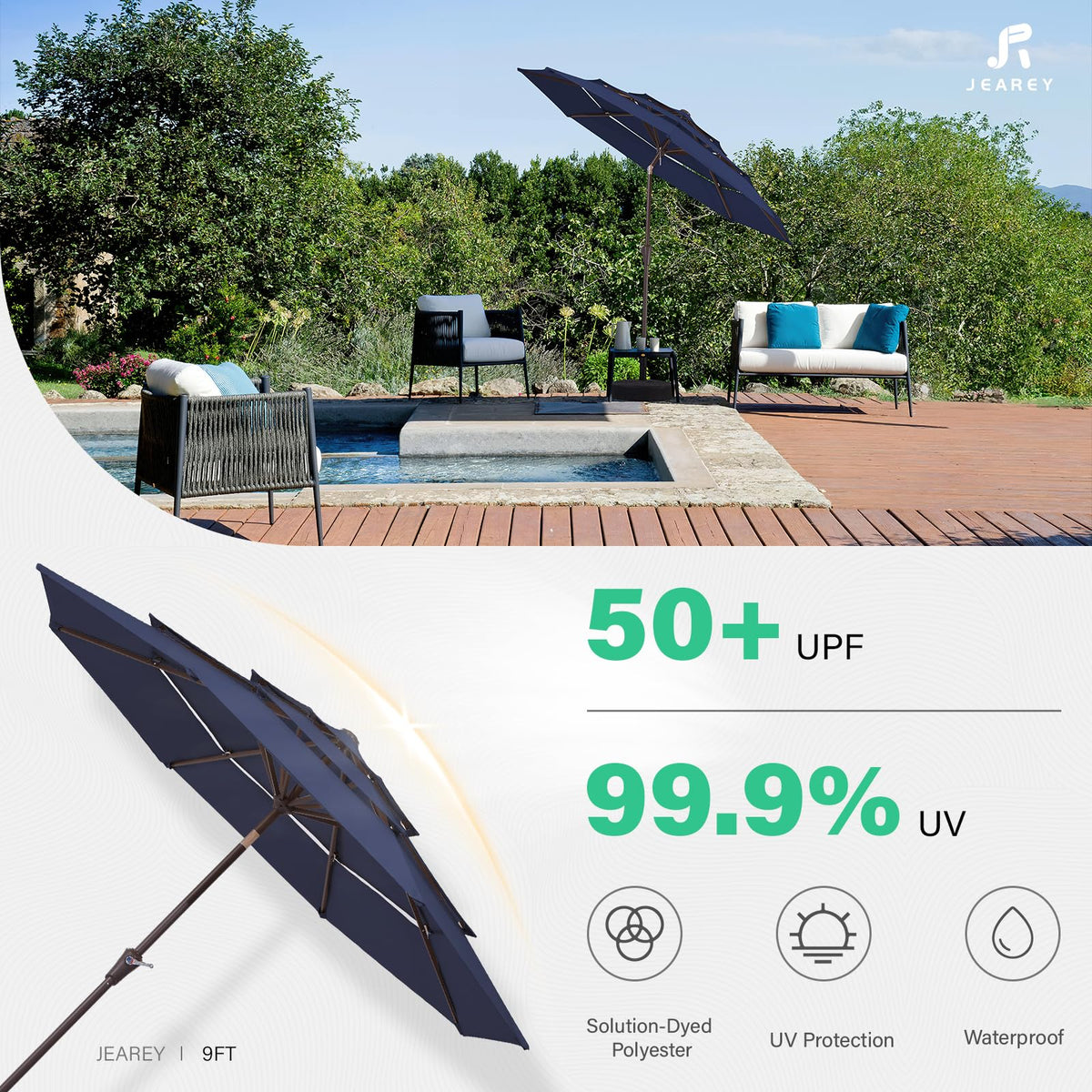 JEAREY 9ft umbrella ideal for decks yards and poolside seating.