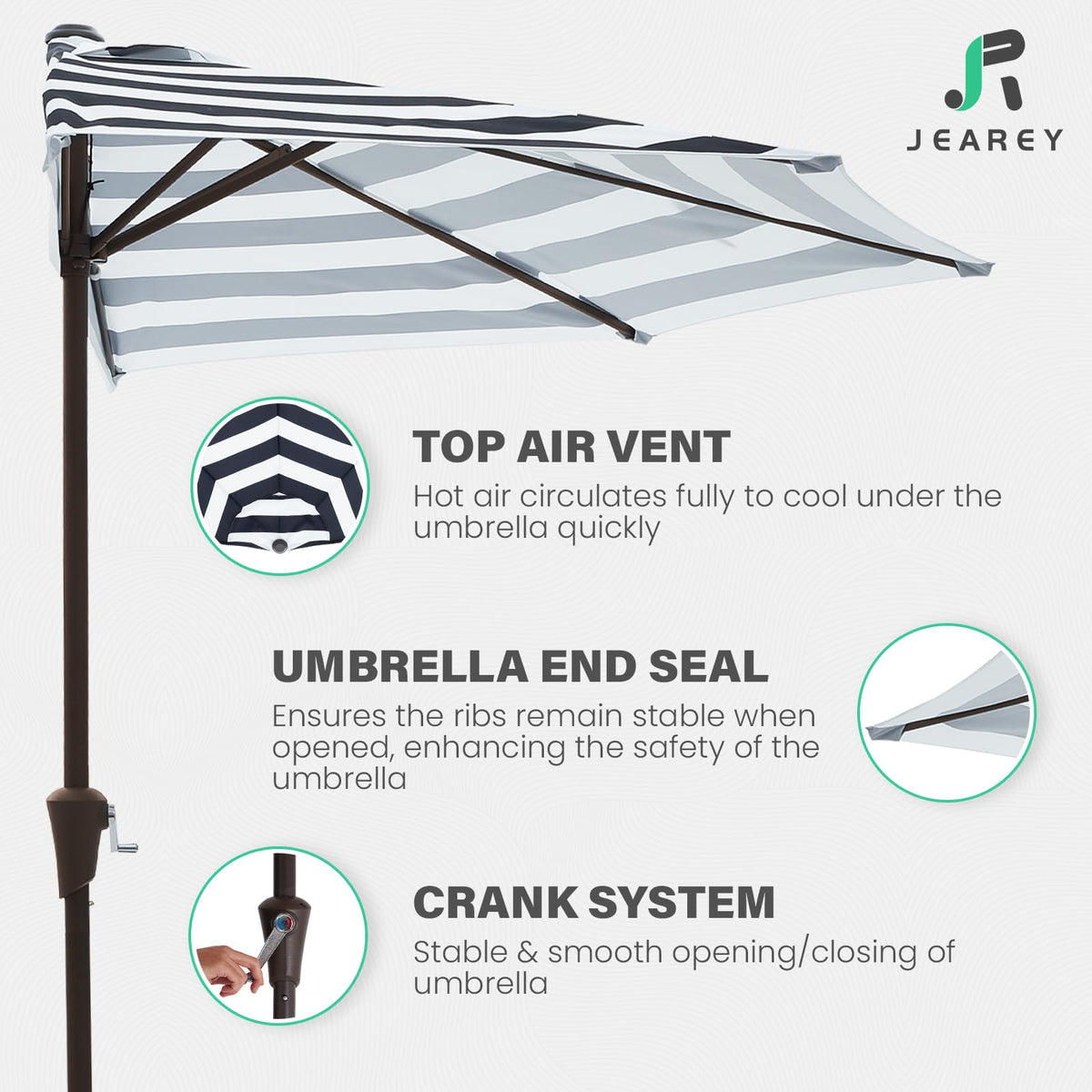 JEAREY 9ft half umbrella crank operation for easy shade adjustment