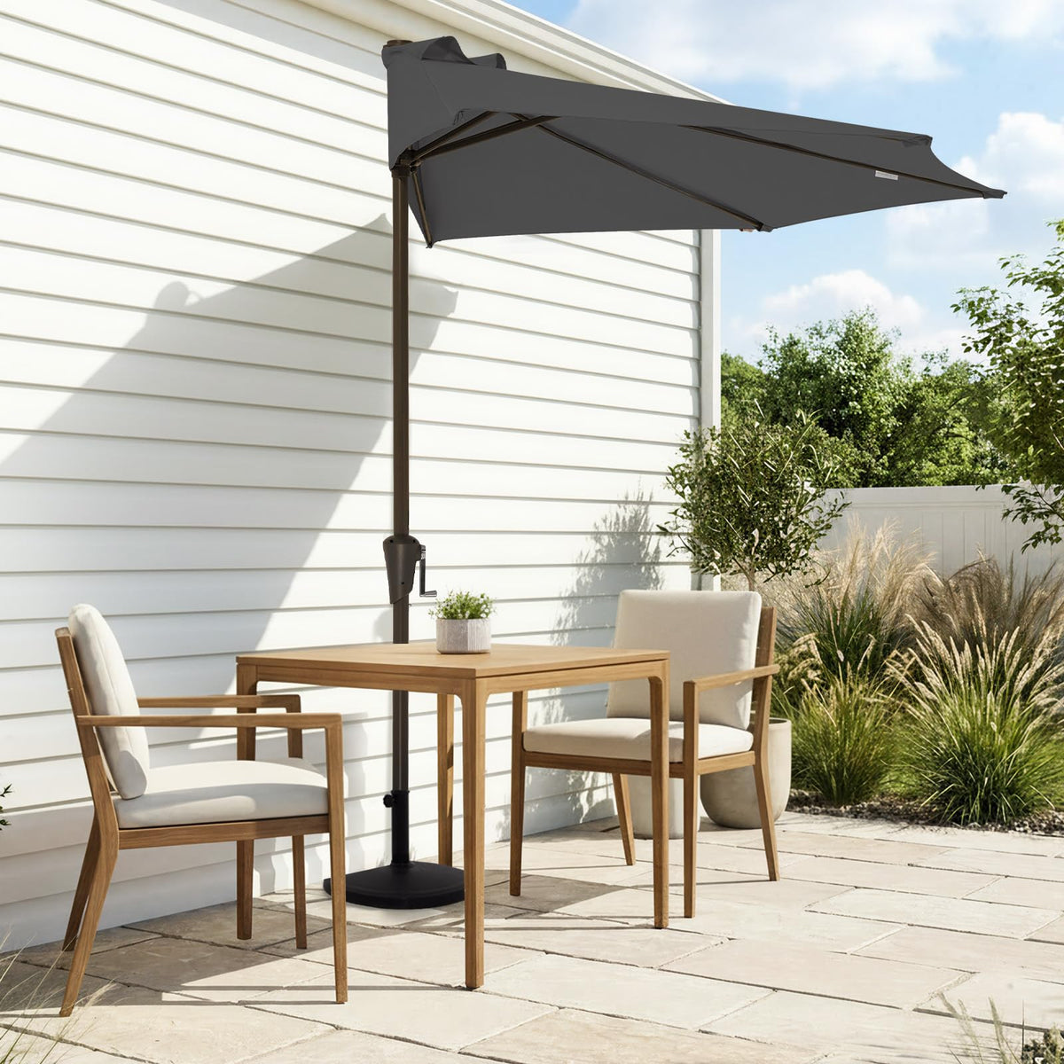 JEAREY 9ft half umbrella demonstrates space-saving design for balconies.