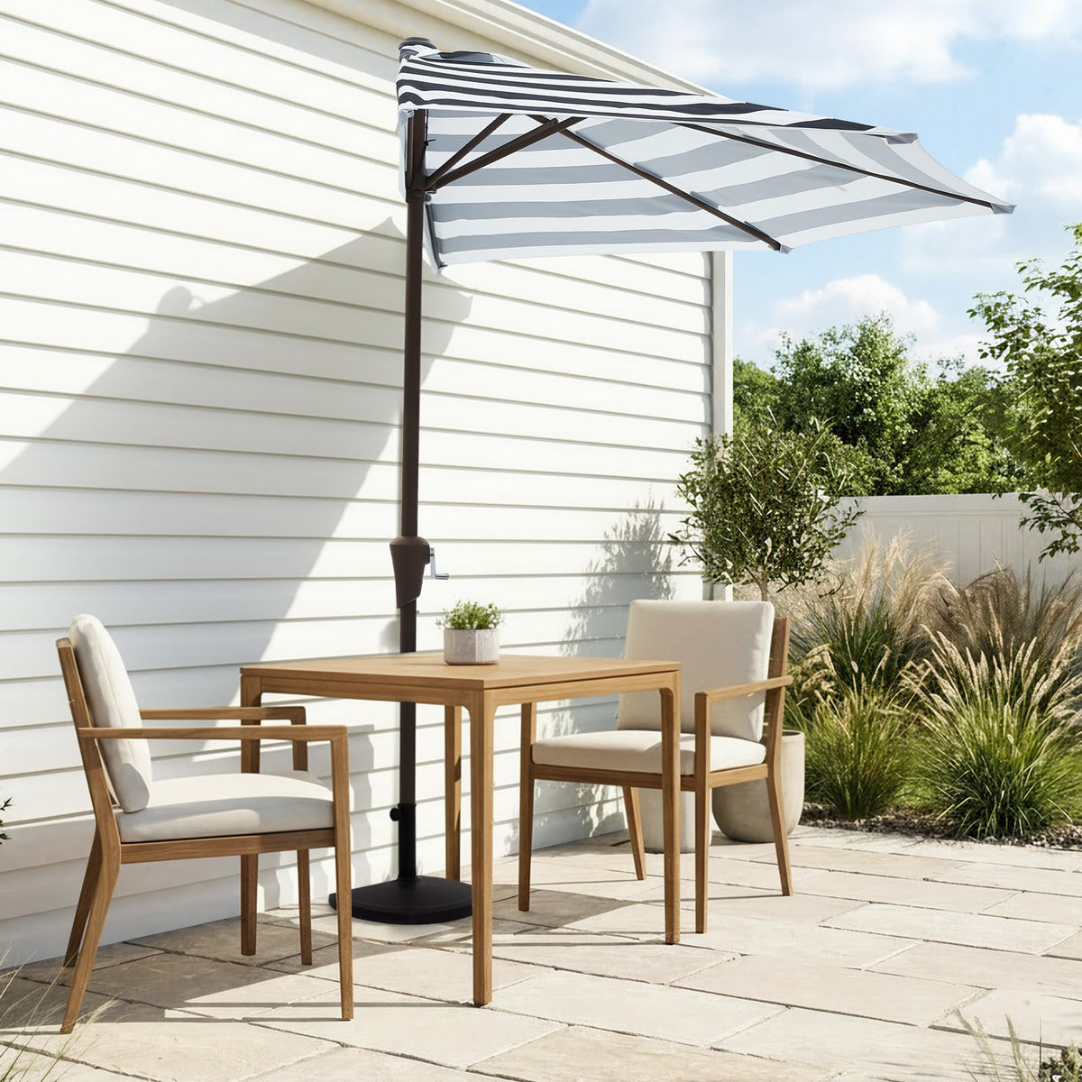 JEAREY wall mounted half umbrella side view highlighting sturdy 5 rib frame