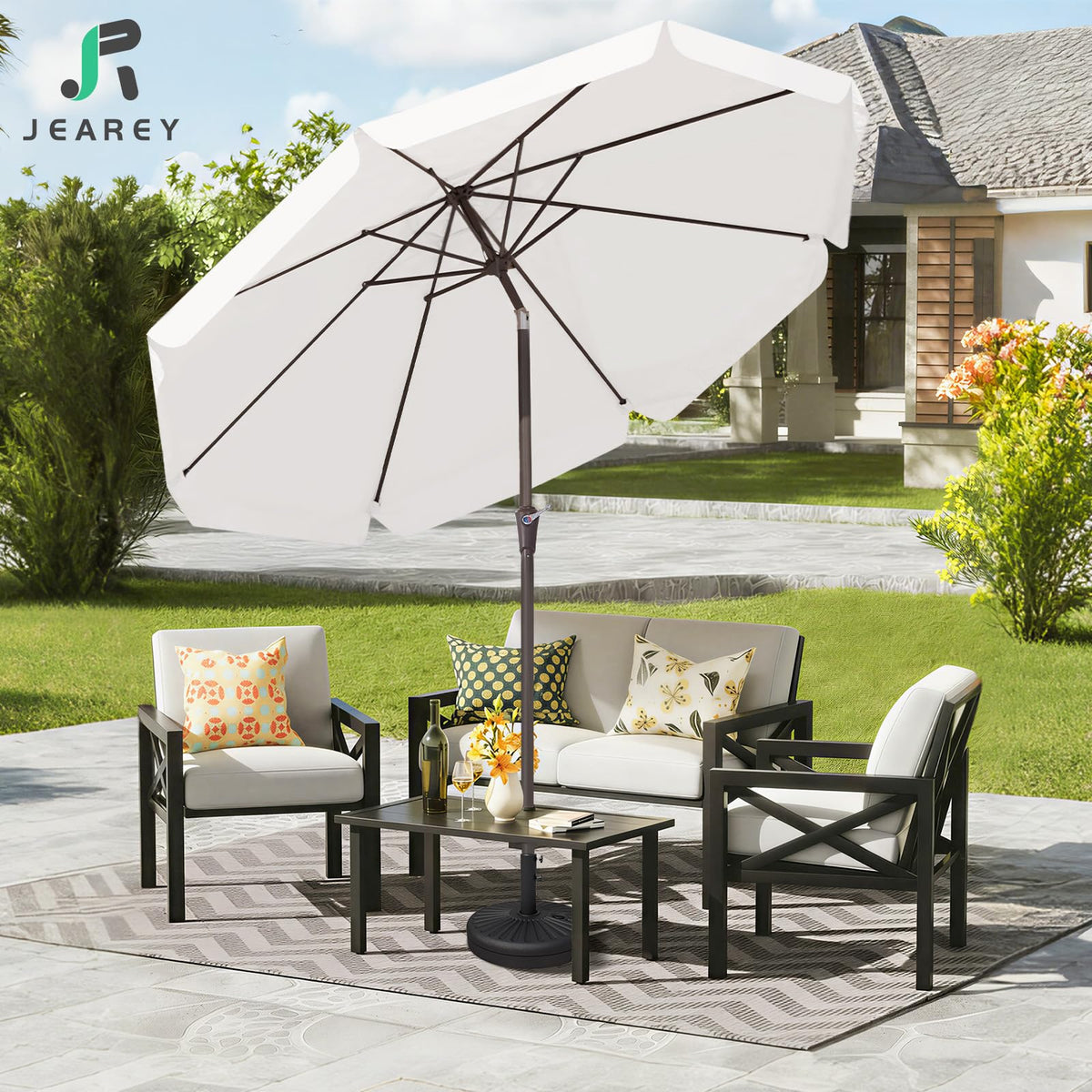 JEAREY 9ft market umbrella shading large outdoor area for garden or deck.