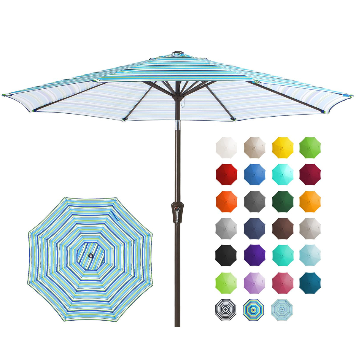 JEAREY 9FT umbrella blue-green stripe canopy provides broad shade for outdoor dining.