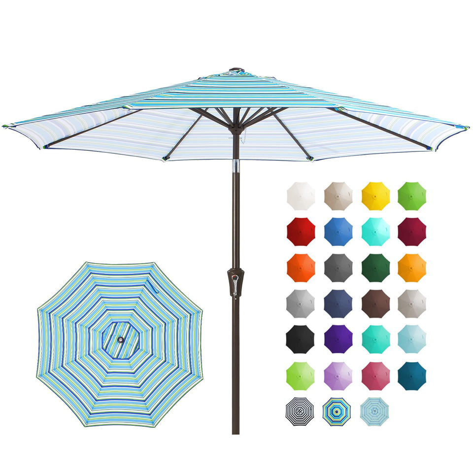 JEAREY 9FT umbrella blue-green stripe canopy provides broad shade for outdoor dining.