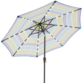 JEAREY 9ft outdoor umbrella with blue-green stripe provides broad shade for outdoor meals.