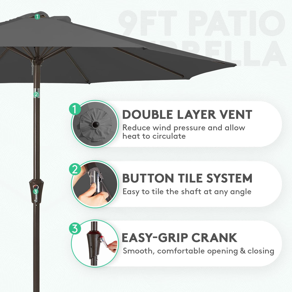 JEAREY 9ft umbrella crank mechanism enables easy opening and setup