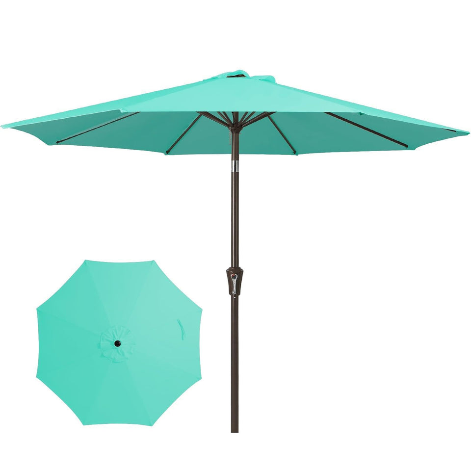 JEAREY 9FT teal outdoor umbrella open over a patio setup with shade for seating