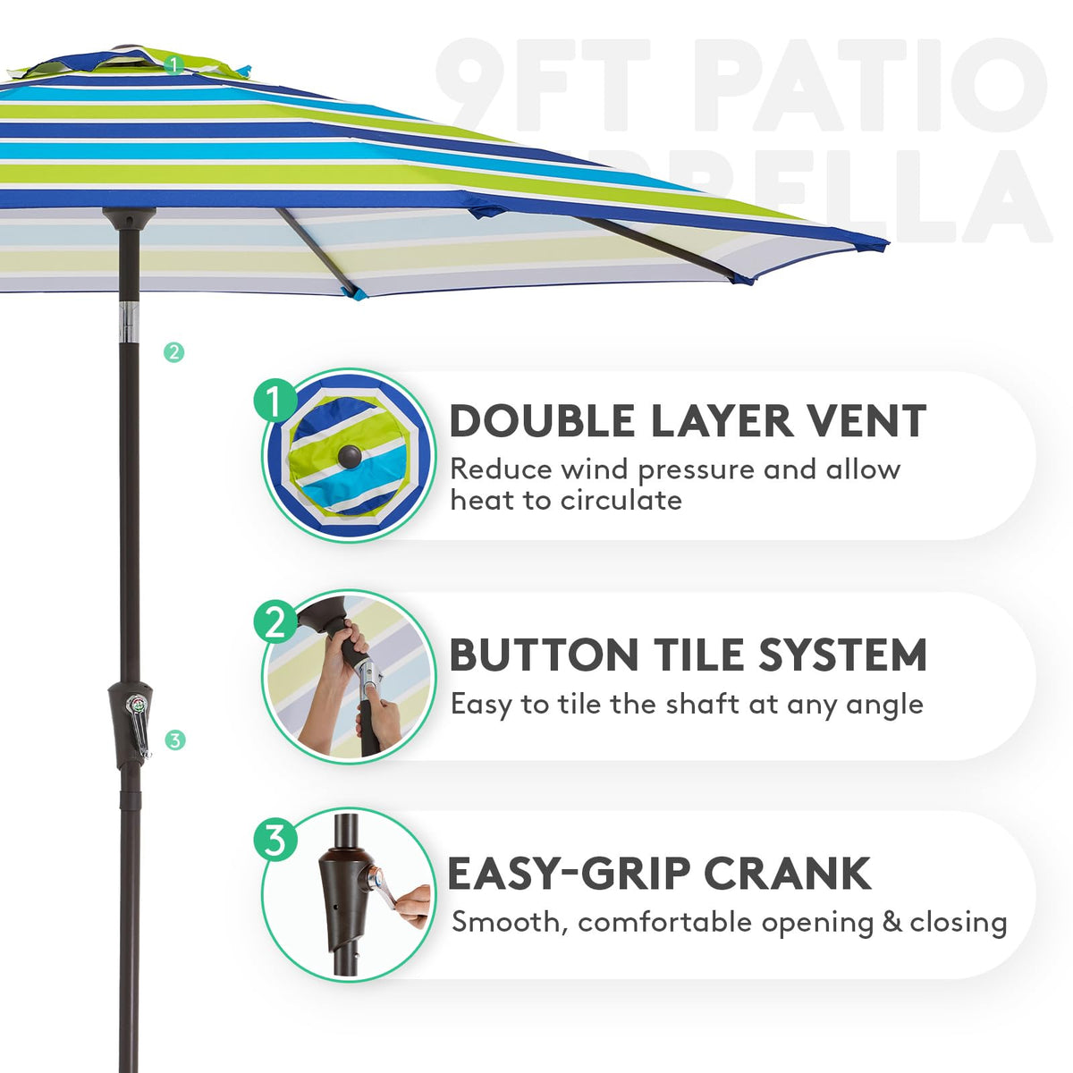 JEAREY 9ft umbrella tilt button displayed for adjustable sun protection