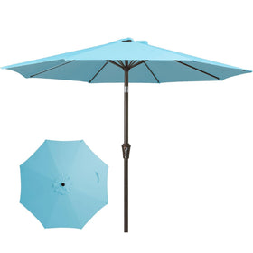 JEAREY 9ft patio umbrella unfurled canopy provides wide shade for 4–6 chairs.