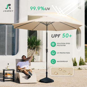 JEAREY crank-operated mechanism for easy umbrella opening and repositioning.