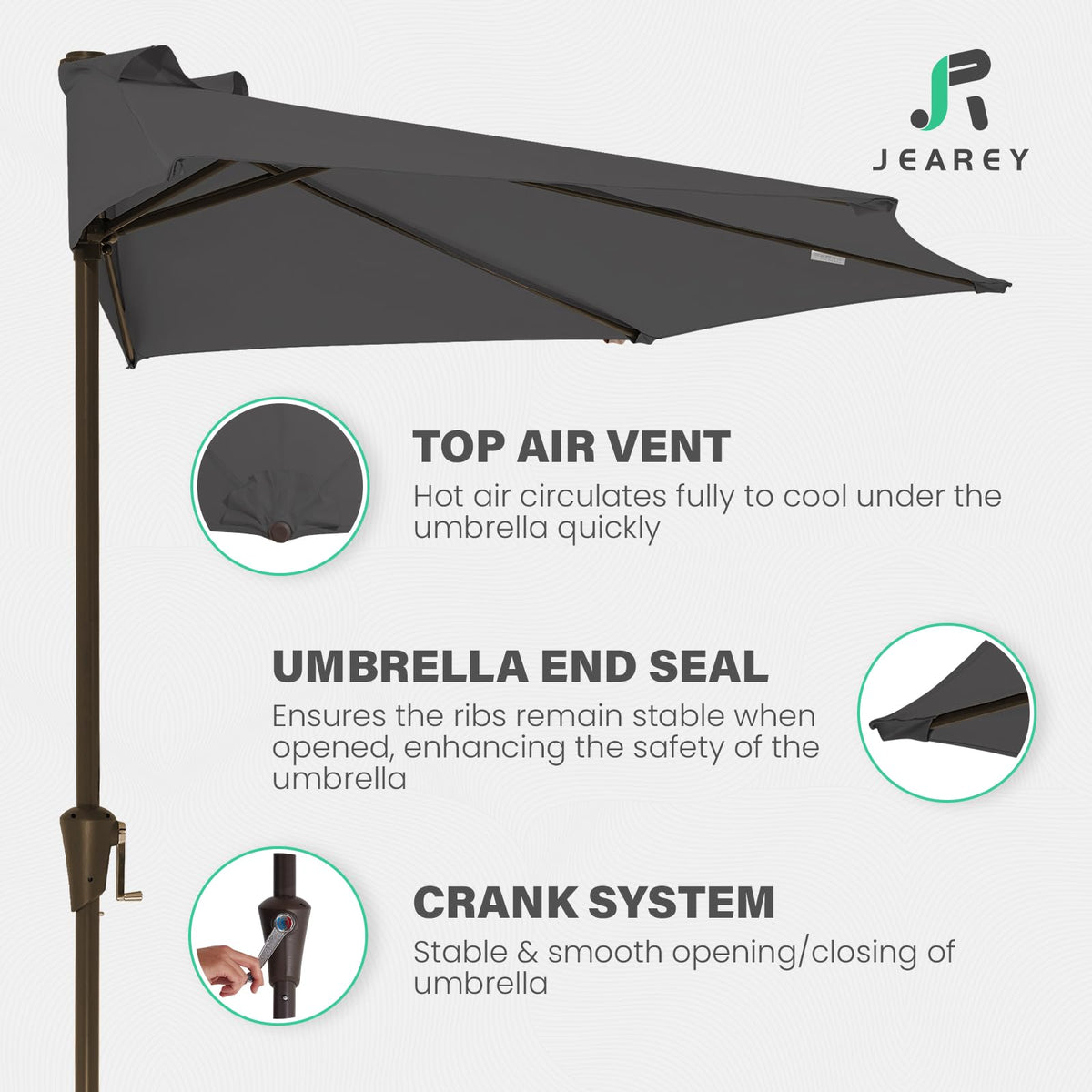 JEAREY half umbrella features premium fabric for sun protection and water resistance.
