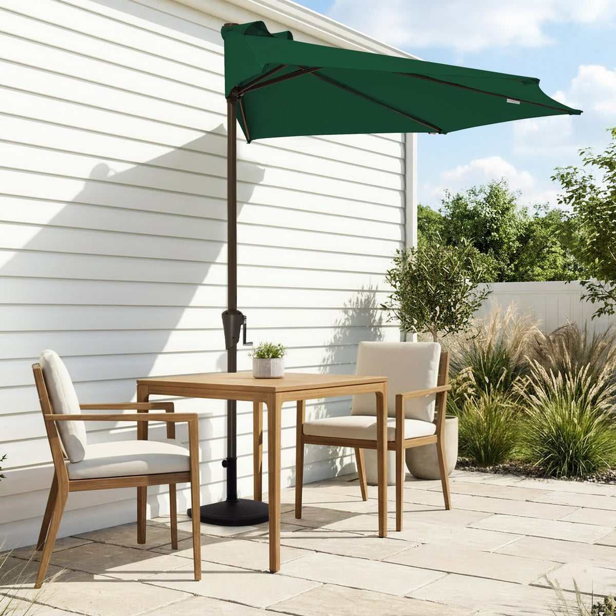 JEAREY half umbrella wall-mounted design fits tight spaces for shade.