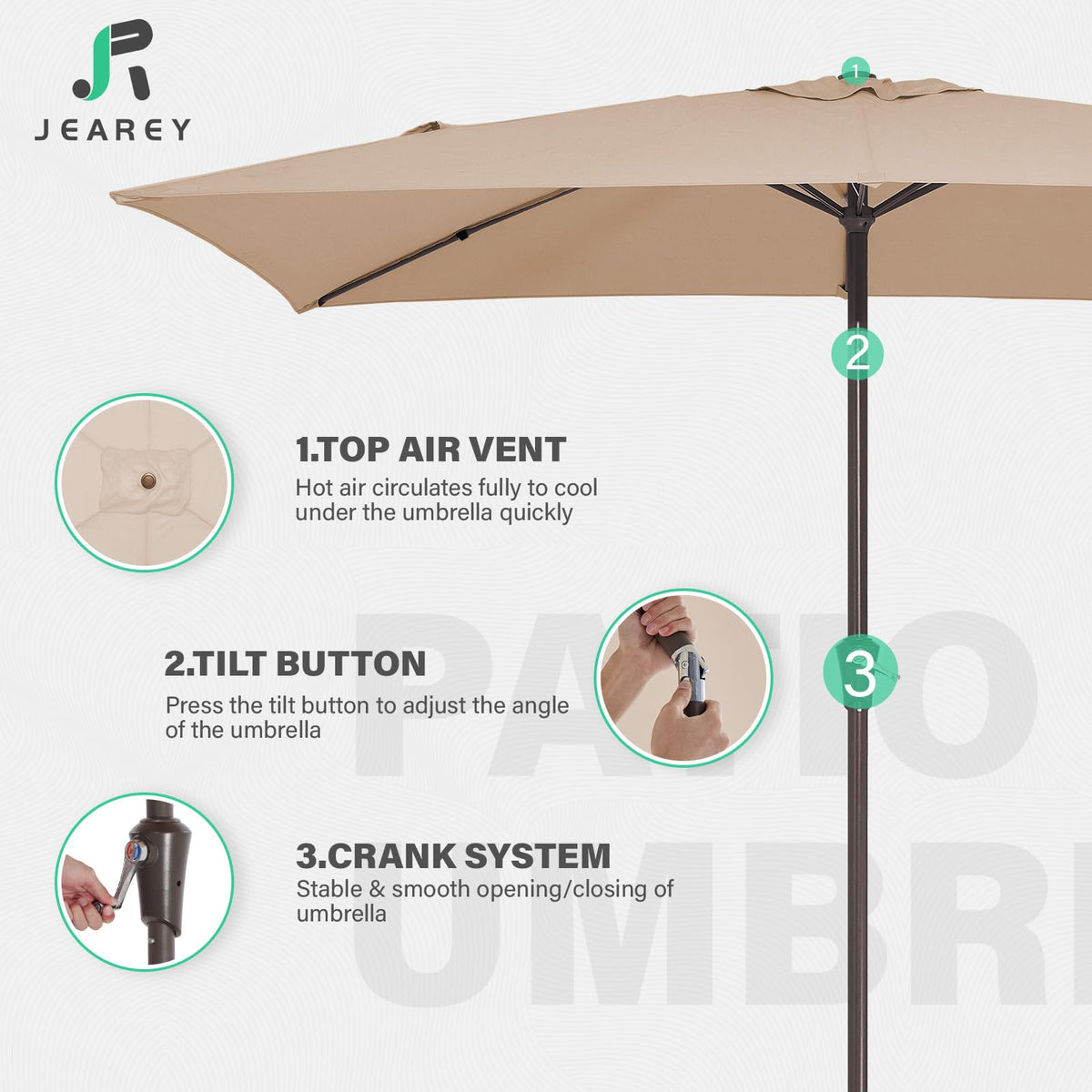 JEAREY integrated ribs keep the umbrella compact for storage.