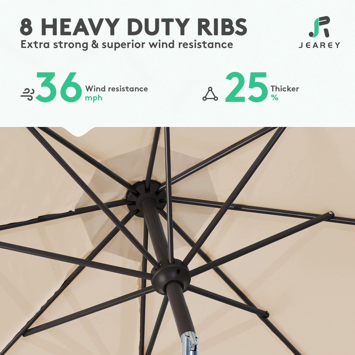JEAREY rust-free iron pole and 8 steel ribs built to endure.